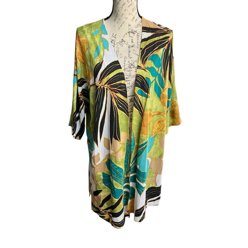 Chico's Cotton Blend Open Cardigan Kimono Size‎ 2/L Floral Multi Boho Artsy